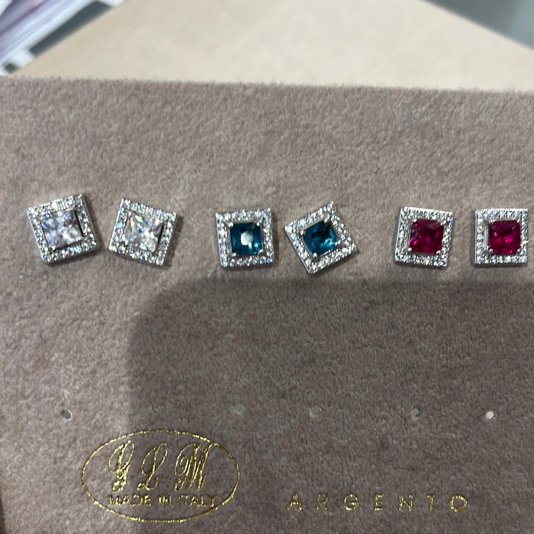 argento ORECCHINI LOBO QUADRATO CON PIETRA CENTRALE COLORATA PERRIS STORE